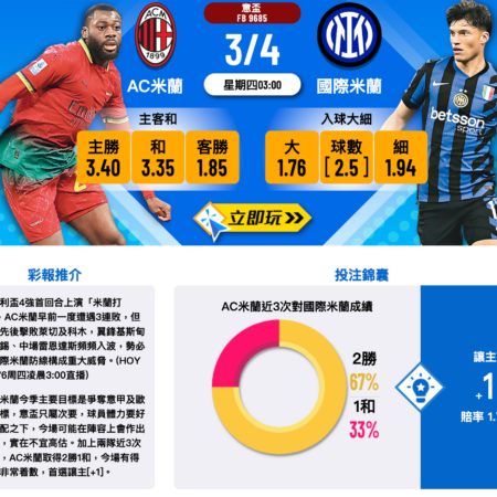 米蘭德比預測：AC米蘭 vs 國際米蘭–意大利盃4強分析