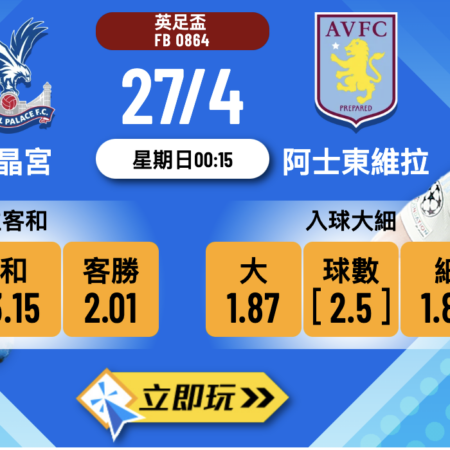 水晶宮 vs 阿士東維拉英足盃波膽精選分析：五大數據助你預測入球數