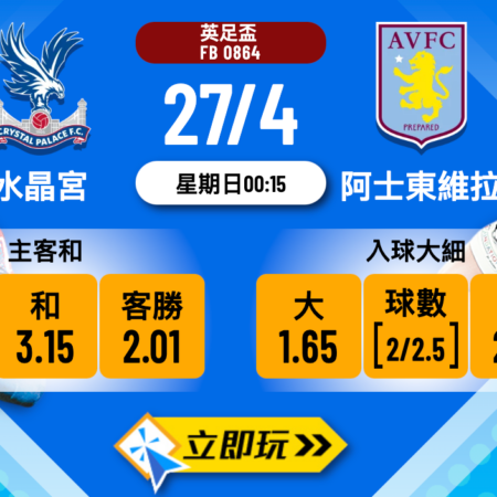 水晶宮 vs 阿士東維拉：英足盃4強波膽深度推介（含盤口賠率分析）