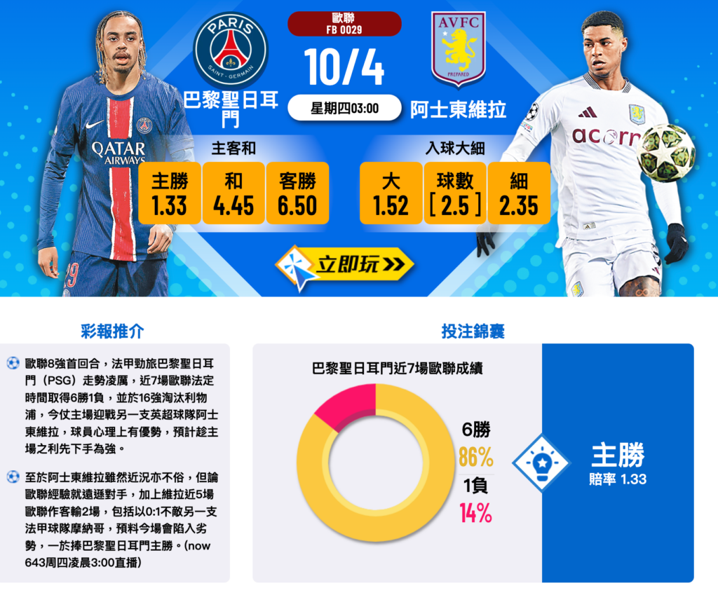 巴黎聖日耳門 vs 阿士東維拉