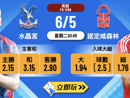 英超心水推介：水晶宮 vs 諾定咸森林波膽分析與預測（詳盡2025指標）