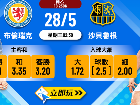 布倫瑞克 vs 沙貝魯根 德乙升降附加賽波膽數據解析｜五大入球盤推介