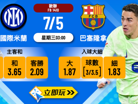 國際米蘭 vs 巴塞隆拿 歐聯波膽推介分析（2025數據版）