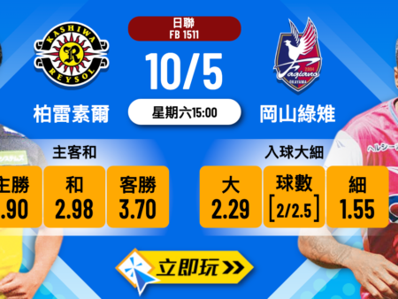岡山綠雉 vs 柏雷素爾最新樂古波膽推介：數據＋分析一次看