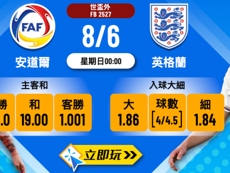 安道爾 vs 英格蘭波膽推介：進球預測與數據解析