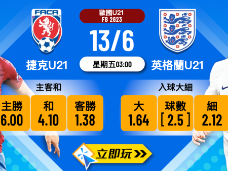 U21歐國盃焦點戰 1：捷克U21 vs 英格蘭U21 波膽深度前瞻