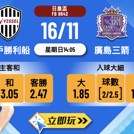 日皇盃2025前瞻：神戶勝利船 vs 廣島三箭 數據分析及賽果預測