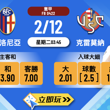 意甲焦點戰：博洛尼亞 vs 克雷莫納 3大波膽心水推介