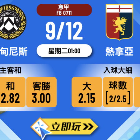 意甲前瞻分析：烏甸尼斯 vs 熱拿亞 3大關鍵數據拆解