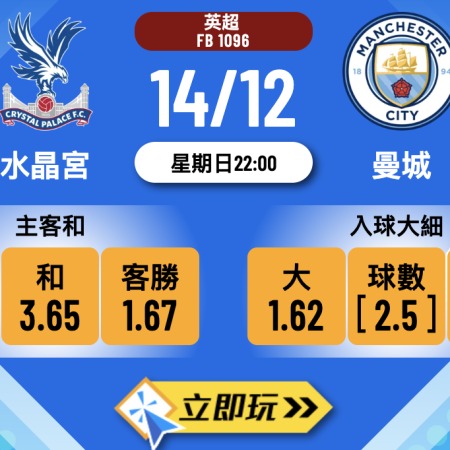 英超前瞻分析2025：水晶宮 vs 曼城 焦點大戰入球騷預測