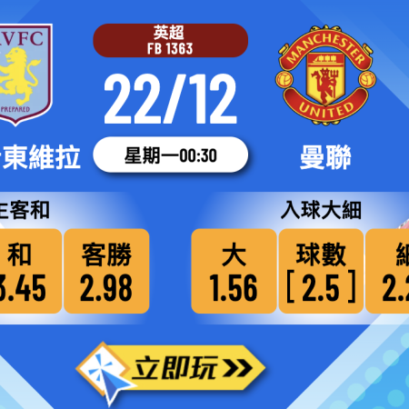 阿士東維拉 vs 曼聯 3大必勝波膽心水推介