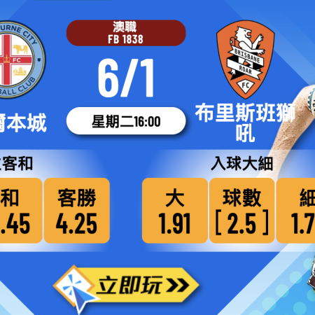 【澳職2026】墨爾本城 vs 布里斯班獅吼 3大波膽心水推介