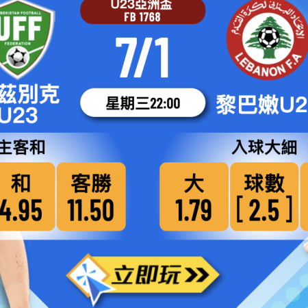 【U23亞洲盃2025】烏茲別克U23 vs 黎巴嫩U23 3大波膽預測！