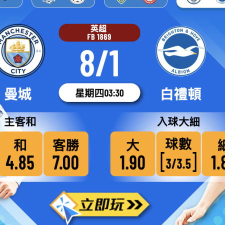 曼城 vs 白禮頓 2026英超衝冠3大關鍵預測