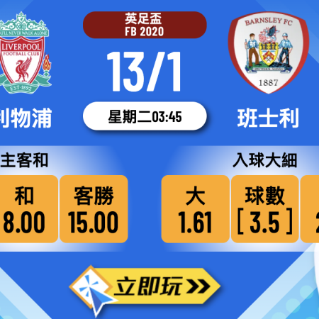 【2026 英足盃】利物浦 vs 班士利 3 大核心數據預測！樂古娛樂波膽推介