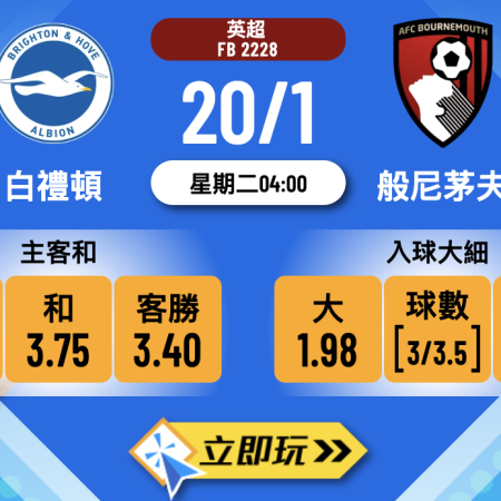 【英超2026前瞻】白禮頓 vs 般尼茅夫 3大心水波膽推介