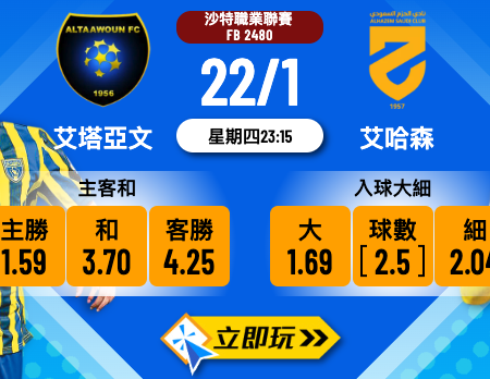 【沙特聯2026】艾塔亞文 vs 艾哈森 3大波膽預測！主場龍食硬頹勢客軍？