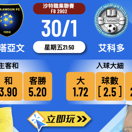 樂古娛樂波膽推介：艾塔亞文 vs 艾科多【沙特聯深度分析】強弱懸殊主W穩陣？