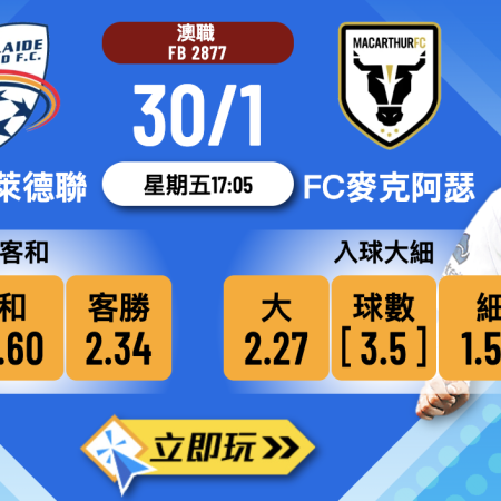 樂古娛樂波膽推介：阿德萊德聯 VS FC麥克阿瑟 澳職前瞻分析 – 入球騷格對攻大戰一觸即發