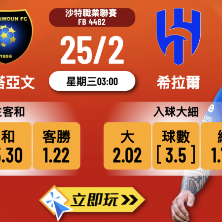 沙特聯賽事預測：艾塔亞文對希拉爾 | 賠率分析與投注指南 | 實發體育