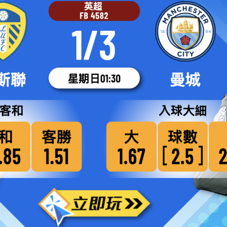 3大數據支撐！英超 1/3 列斯聯 vs 曼城 波膽推介：藍月亮半場殺局
