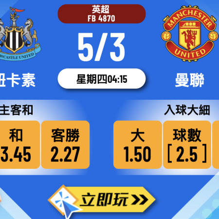 5/3 英超重頭戲：紐卡素 vs 曼聯 拆解紅魔鬼2.27倍客勝玄機