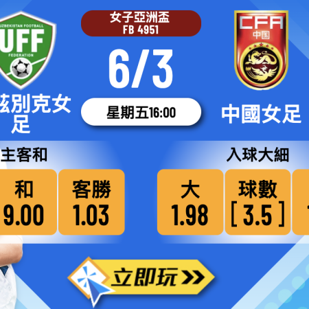 🏆 2026女子亞洲盃B組第2輪：[烏茲別克女足 vs 中國女足] 必睇樂古波膽推介與分析 ⚽
