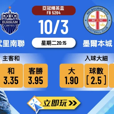 ⚽ 樂古娛樂波膽推介：武里南聯 vs 墨爾本城 亞冠精英盃16強次回合必睇3大贏錢秘笈 🔥