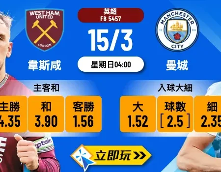 🏆 韋斯咸 vs 曼城：英超搶分大戰，藍月亮誓取3分！