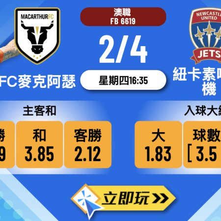 ⚽ 5大必睇亮點！樂古娛樂波膽推介：FC麥克阿瑟 vs 紐卡素噴射機