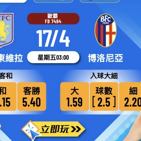 【樂古娛樂波膽推介】歐霸盃8強次回合：阿士東維拉 vs 博洛尼亞 賽前全面分析與投注策略