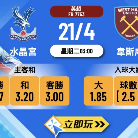 ⚽ 4月21日英超獨角戲：水晶宮 vs 韋斯咸 搶分大戰波膽推介！🔥