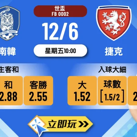 2026｜南韓 vs 捷克 樂古娛樂波膽推介：首輪小心翼翼，半場先和後決勝