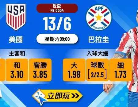 2026 美國 vs 巴拉圭 波膽推介｜樂古娛樂精選一文睇清